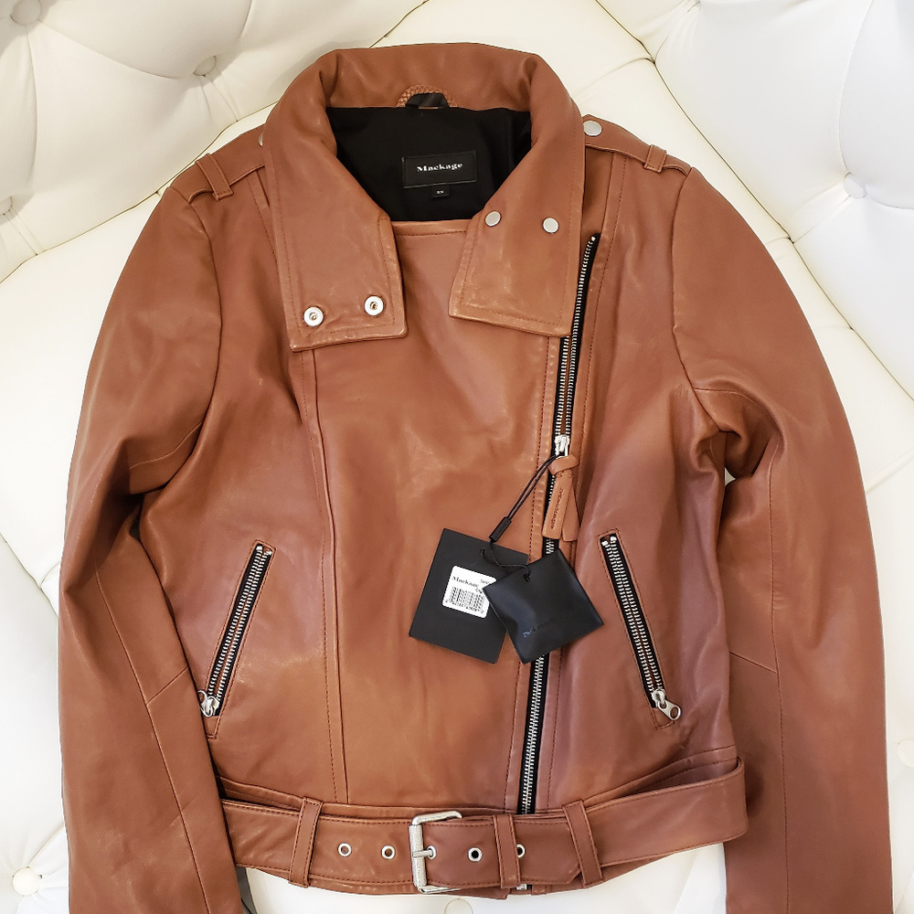 Mackage Hania Cognac Leather Moto Jacket Size: M